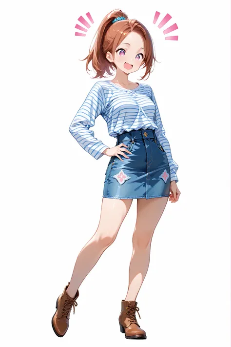 female tilting head with one hand on hip, flat bust, high ponytail, striped shirt and denim skirt, playful expression, full body in frame, transparent background