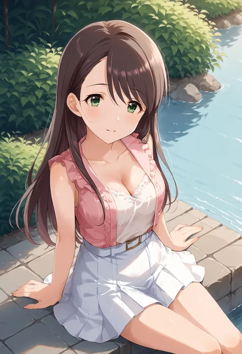(((Nishikawa Honami ))),pink sleeveless,white short skirt,Outdoors,((shot from above)),medium breasts,open chest,cleavage,thigh,sit,long hair,Ulchan-6500-v1.1, ( RAW photos :1.2), Beautiful Detailed, very detailedな目 美しい目,beautiful eyes,GREEN EYES ,file siz...