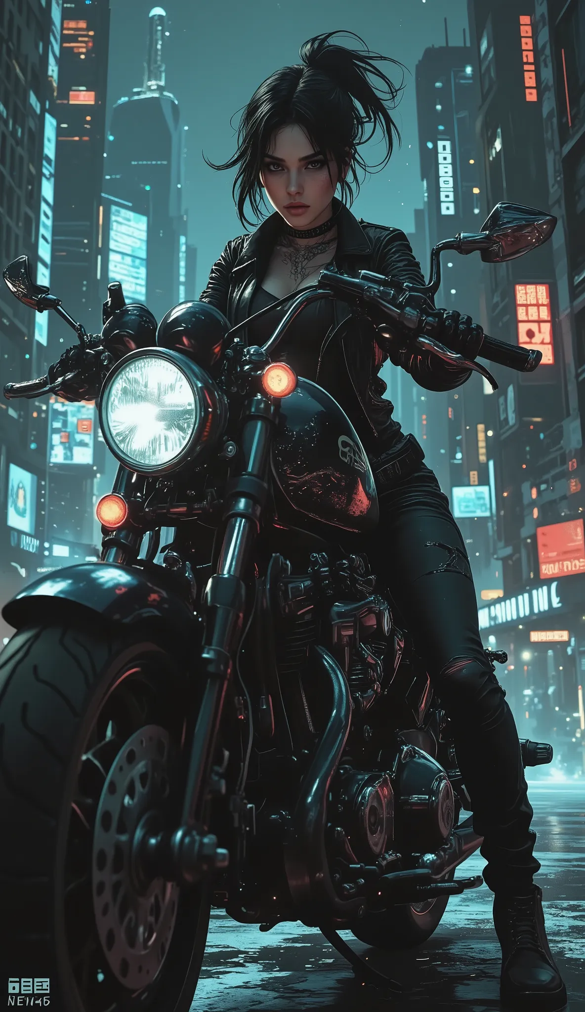 high quality,4K,Extreme Detail,realistic,major,Vivid Color, blurred background , girl,Single,Black Vest,black leather jacket with skull pattern,jeans, black leather boots ,Neck tattoo ,Tattoo,riding on heavy motorcycle, Cyberpunk style ,Dark city backgroun...