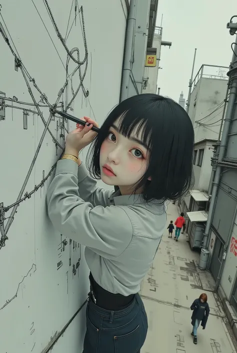 Arafé painting of a woman writing on the wall with pen, Conrad Rosett and Makoto Shinkai, Anime aesthetics, Laurie Grizzley, Tsutomu Nihei art, Tsutomu Nihei style, amazing wallpapers, cereal art, Architectural drawings, Drawn by a Japanese anime artist, K...