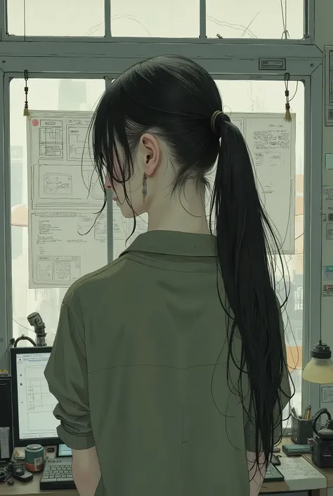 Long dark hair with a ponytail, Loose olive green shirt, no visible accessories drawn with, Standing, turning back from camera, Focused on writing , Indoor with walls covered with sketches and diagrams, bright overhead light, Academic and intellectual vibe...
