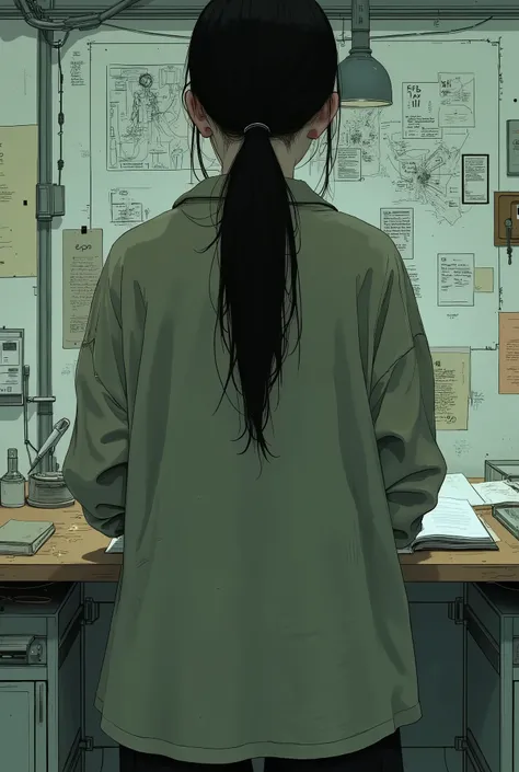 Long dark hair with a ponytail, Loose olive green shirt, no visible accessories drawn with, Standing, turning back from camera, Focused on writing , Indoor with walls covered with sketches and diagrams, bright overhead light, Academic and intellectual vibe...