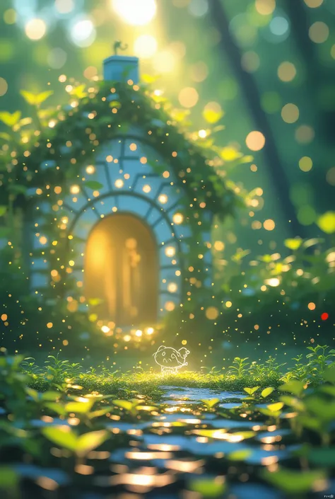 Enchanting stone cottage nestled within a mystical forest, glowing warmly from within, with ivy and flowers adorning its walls. Surrounded by towering trees under a twilight sky, the cottage emits a cozy and inviting atmosphere. Warm golden lights illumina...