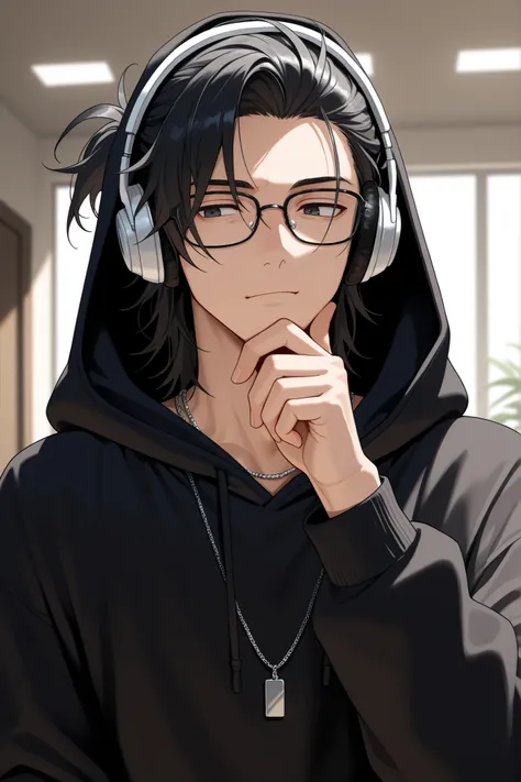 top quality,masterpiece,1 man,handsome,perfect face,beautiful face, wears a hood,bright room,half-up black hair with loose curls, Slim,Hand on chin,glasses,black hoodie,piercing.silver necklace,Top quality headphones,masterpiece,1 man,handsome, put on the ...