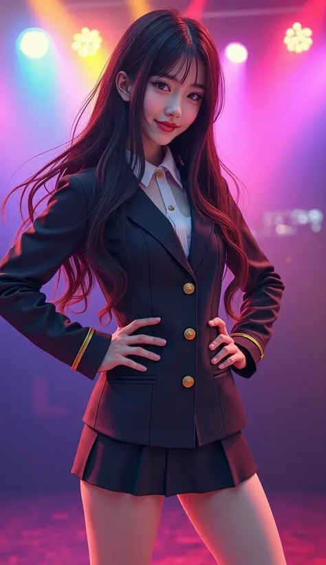 cute girl standing on club floor、18age、 idol style、uniform、long black hair、is smiling、full body image