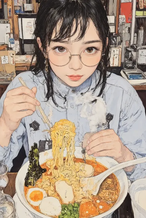 woman 麺を食べる with chopsticks in a restaurant, Thin round glasses , wearing large thin round glasses, Wore small round glasses, glasses in my room, wearing black glasses, thick round glasses , There is a woman wearing square glasses 、"draw a girl sitting at...