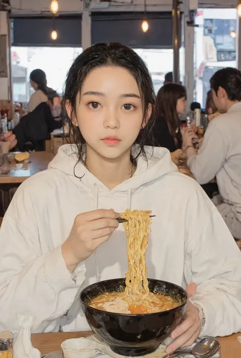 is sitting, casual atmosphere, Indoor Environment , noodle restaurant , comfortable cream hoodie, sleeve, hair disheveled ponytail, sleeveはややオーバーサイズの, holding noodles with chopsticks、with medium depth of field {x} black bowl containing ramen, natural lig...