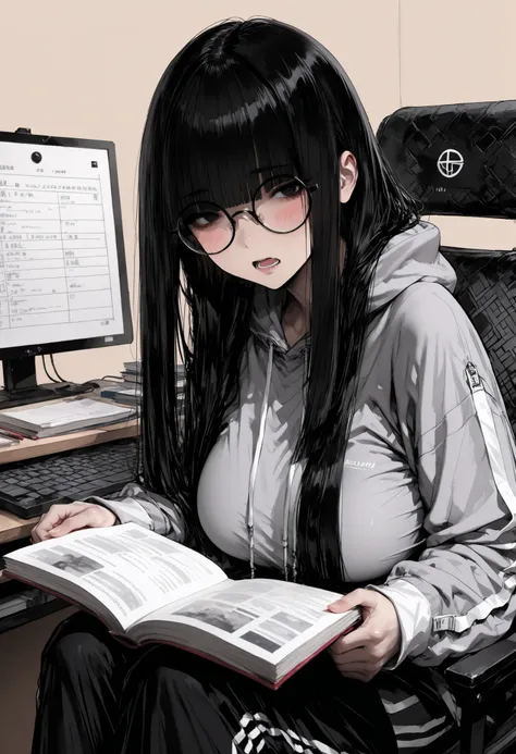 top quality, masterpiece, ultra-precise, ((top quality, masterpiece:1.3)), (sharp focus:1.2), (Beautiful mature woman with perfect body), (black eyes), (hime cut, long hairstyle, black hair), (Gray hoodie, , (Black long pants with white trim), (Reading roo...