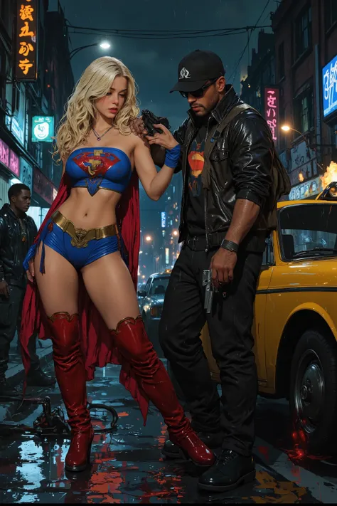 NSFW,
Photorealism,
((A scene from a live-action movie)),
Incredibly detailed,
The world of Grand Theft Auto,
The outskirts of Los Santos, late at night, in the rain,
Supergirl, who has fallen to the point of being a backstreet prostitute,
has sex with a t...
