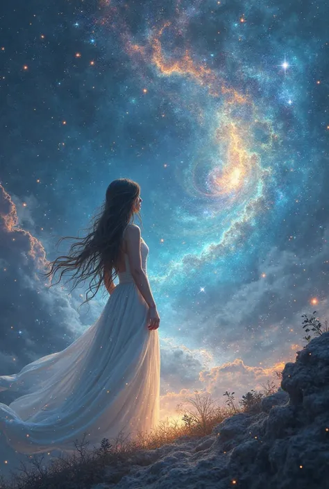 Le cosmos féerique avec des étoiles et des planètes. Au loin une petite silhouette de femme aux cheveux longs et à la robe blanche.