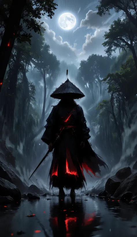 (better quality,ultra detailed),dark,wet,artificial raindrops falling,ancient japanese warrior standing in the rain,japanese traditional bamboo hat(fail),dense forest landscape, majestic and serene nature ,full moon shining brightly in the night sky,black ...
