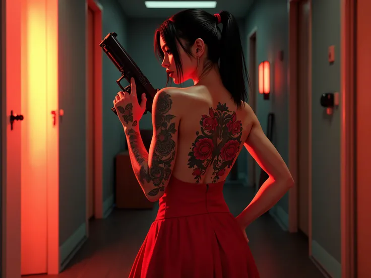 show me beautiful girl in red dress from behind, the dress have a naked back, the back shows over the full back a big epic yakuza tattoo gta style, (focus: this girl have a gun in hand and screws a silencer on the gun), focus on back, young girl have middl...