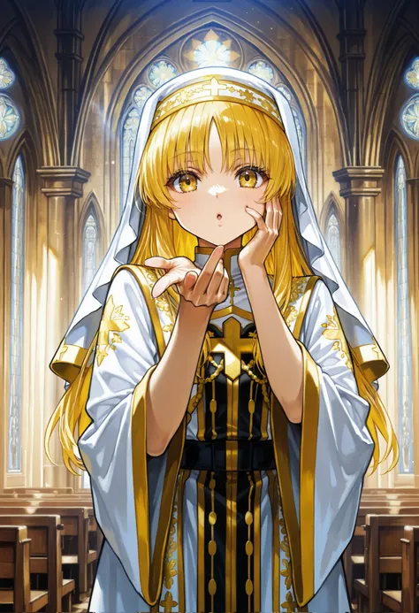 Blowing a kiss with her right hand, making a V sign with her left hand, Left hand on cheek, The Church, the Saint. An appeal to the faithful, White robe with gold embroidery, Yellow Hair