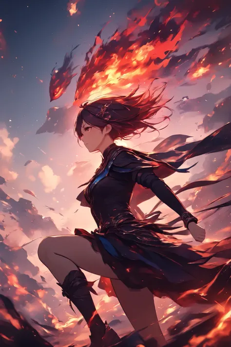 (masterpiece:1.2),(Max Video Quality),(top quality),(breathtaking work),(ridiculously absurd:1.2),pale shade、Girl running in flames、Desperateの顔、Horizontal position、Depiction of running、Desperate、Hessho、Express impatience and anxiety