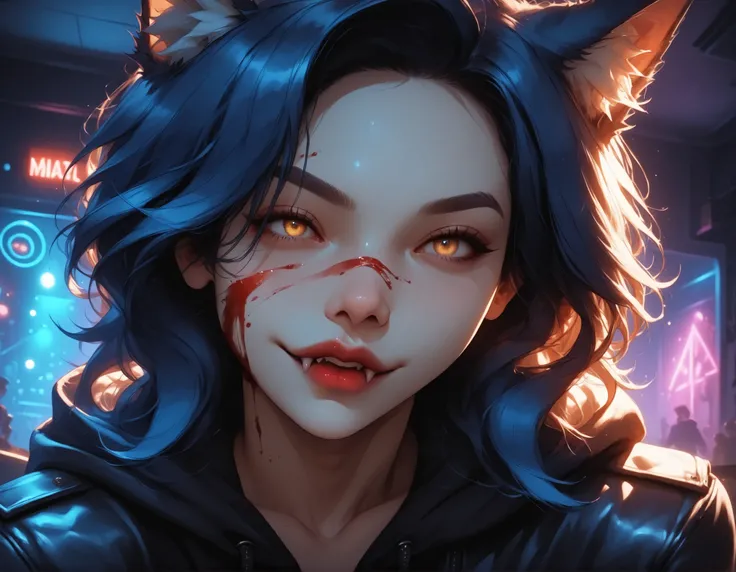 underground_party, neon_glow, colorful_lighting, (detailed_face:1.3), (sharp jawline), (high nose bridge:1.2), full lips, soft skin, refined cheekbones, glowing_skin, arched eyebrows, visible philtrum, 1girl, blue_hair, wolfcut, medium_hair, yellow_eyes, w...