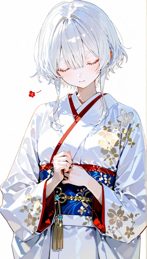 completed anatomy、２７Woman of age、 albino、white hair、White eyebrows、Unhealthy skin color、close your eyes、white kimono、calm、standing、white background