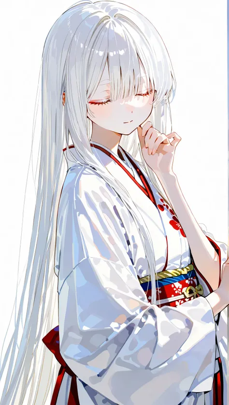 completed anatomy、２７Woman of age、 albino、white hair、White eyebrows、very long straight hair、Hair that reaches down to the waist、Unhealthy skin color、close your eyes、white kimono、calm、standing、white background
