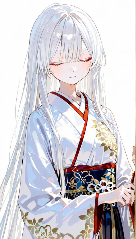 completed anatomy、２７Woman of age、 albino、white hair、White eyebrows、very long straight hair、Hair that reaches down to the waist、Unhealthy skin color、close your eyes、white kimono、calm、standing、white background