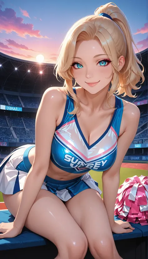 age girls, blond hair, ponytail hair, cheerleader, super sexy, sit, bending forward, opening, 4K, high resolution, ANIMATED, cute anime style, HDR, UHD, clear focus, physics-based rendering, extreme detail, vibrant colors, Bokeh, Twilight Sky, gradation, ...