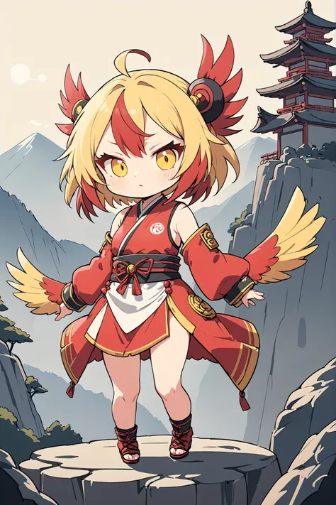 (masterpiece:1.2),(Max Video Quality),(top quality),(breathtaking work),(ridiculously absurd:1.2),flat design、deformed、Tengu girl、tengu costume 、Tengu living in the mountains、yellow porn、slant eyes、Tight hairstyle、hair color with white and red gradation