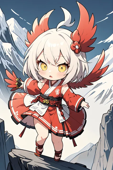 (masterpiece:1.2),(Max Video Quality),(top quality),(breathtaking work),(ridiculously absurd:1.2),flat design、deformed、Tengu girl、tengu costume 、Tengu living in the mountains、yellow porn、slant eyes、Tight hairstyle、hair color with white and red gradation