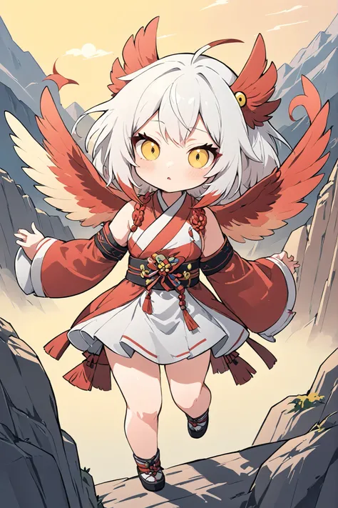 (masterpiece:1.2),(Max Video Quality),(top quality),(breathtaking work),(ridiculously absurd:1.2),flat design、deformed、Tengu girl、tengu costume 、Tengu living in the mountains、yellow porn、slant eyes、Tight hairstyle、hair color with white and red gradation