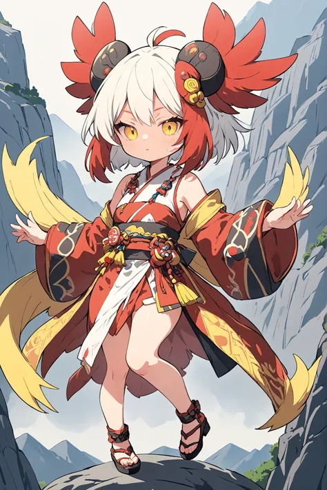 (masterpiece:1.2),(Max Video Quality),(top quality),(breathtaking work),(ridiculously absurd:1.2),flat design、deformed、tengu mask、tengu-geta、Tengu girl、tengu costume 、Tengu living in the mountains、yellow porn、slant eyes、Tight hairstyle、hair color with whit...