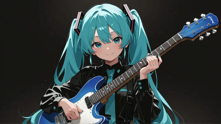 has a guitar、Hatsune Miku、cool pose、live house、 with parentheses、 comical、masterpiece、top quality、Blue Tone、black white blue、