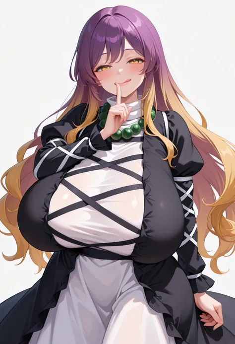 (masterpiece, best quality, perfect hands, perfect fingers), 1girl, solo, hijiri_byakuren,
purple hair, blonde hair, two-tone hair, gradient hair,
long sleeves, black dress, white dress, layered dress, cross-laced clothes, long hair, yellow eyes, bead ...
