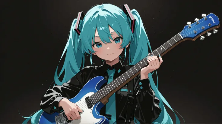 has a guitar、Hatsune Miku、Cool Poses、live house、 with parentheses、 comical、masterpiece、top quality、Blue Tone、black white blue、