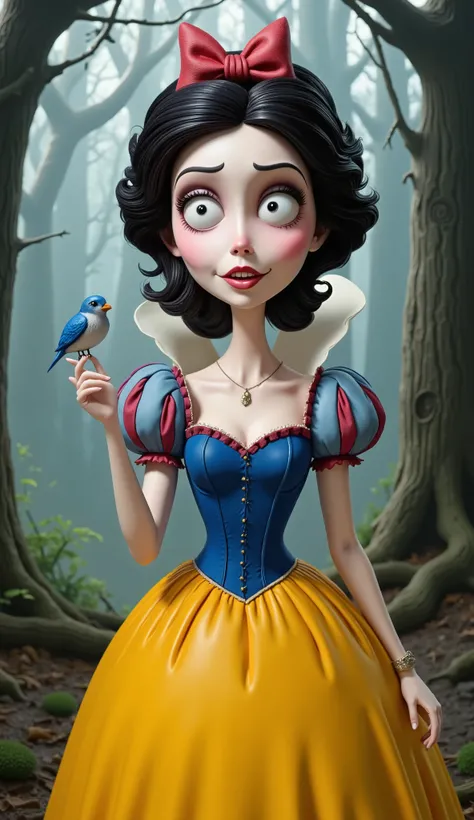 tim burton style as beautiful snow white fairytale princess with short, wavy black hair, fair skin, and rosy cheeks, wearing a royal blue bodice with puffed sleeves that have red and blue accents, along with a flowing yellow skirt. She has a cheerful and f...