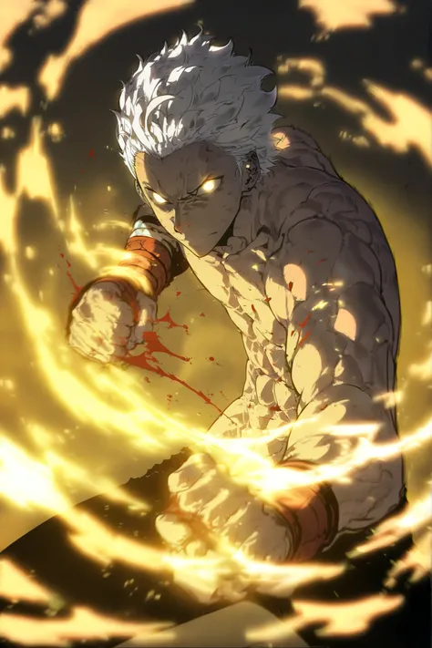 Handsome, Athletic, alone, male, Short spicky hair, long white hair, black yellow eye, no shirt, black pants, , intricate sketch, expressive eyes nose and mouth, Abs, simple pose, clench fist, martial art stance, blood on his fists , perfect Anatomy 