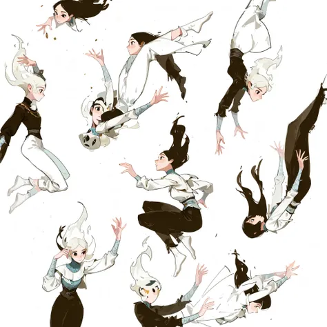 drki, girls, multiple characters, delicate round face, full body portrait, dynamic poses, black eyes, medieval clothes, fantasy aesthetic, painterly illustration, gouache painting, soft illustration, 2d art, abstract background, masterpiece, best quality, ...