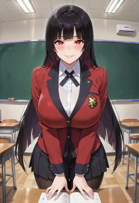 (master piece, best quality, anime, detailed, absurd:1.2), Japanese woman, high school girl, Jabami Yumeko, beautiful character design, clean skin, long black hair, straight hair for women, short bang, beautiful detailed depiction of eyes, expressive eyes,...