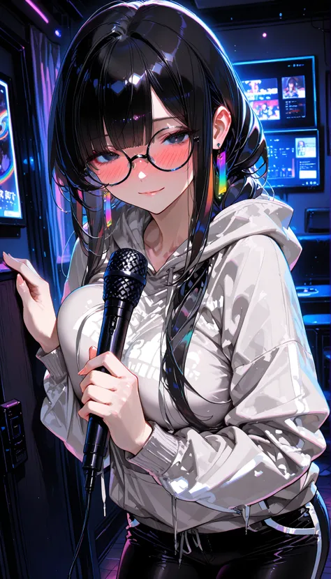 top quality, masterpiece, ultra-precise, ((top quality, masterpiece:1.3)), (sharp focus:1.2), (Beautiful mature woman with perfect body), (black eyes), (hime cut, long hairstyle, black hair), (zip-up Gray hoodie, (Black long pants with white trim), (Stylis...