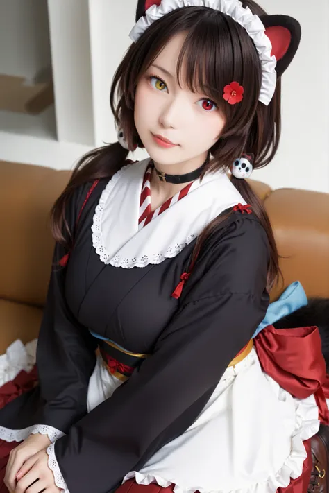 Photo realistic, masterpiece, top quality, complicated details, movie light effect,
in the room, huge breasts,
it1, dog girl, heterochromia, yellow eyes, red eyes, animal ears, dog ears, brown hair, black hair, long hair, twintails, low twintails, flowe...