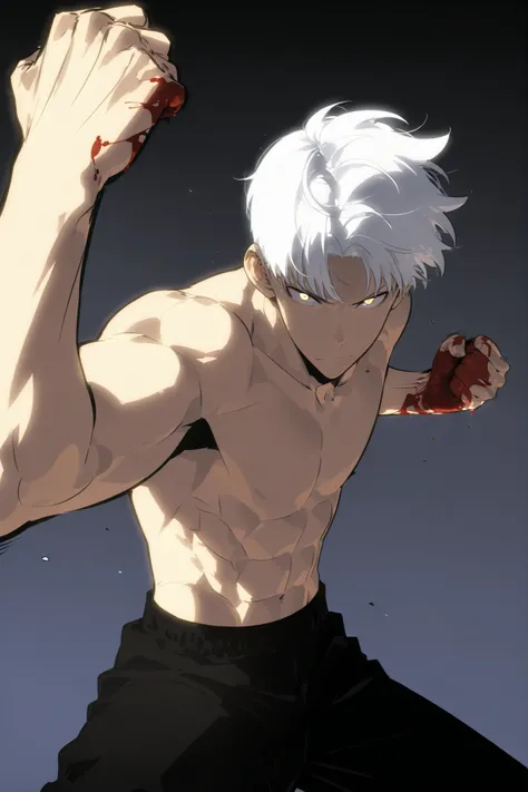 Handsome, Athletic, alone, male, Short spicky hair, long white hair, black yellow eye, no shirt, black pants, , intricate sketch, expressive eyes nose and mouth, Abs, simple pose, clench fist, martial art stance, blood on his fists , perfect Anatomy