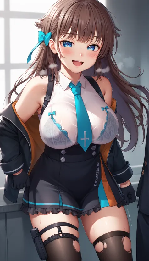 great quality,is so beautiful,Absard dress,top quality,newest,masterpiece,4k,resolution,anime screen capture,1 girl,brown hair,long hair,blue eyes,cute anime eyes,super huge breasts that have just been torn apart,very much sweat (Amount of sweat:2.0),blush...