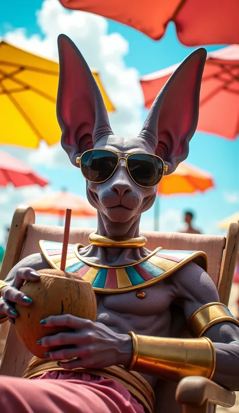 A DV_Bills sphinx wearing oversized sunglasses lounging on a beach chair, sipping from a coconut drink with a goofy smile. A close-up perspective highlighting its vibrant colors and relaxed demeanor, surrounded by bright beach umbrellas