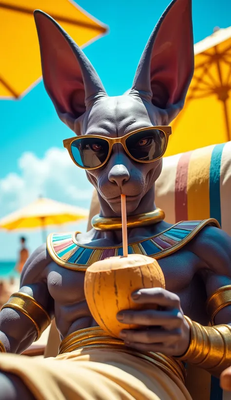 A DV_Bills sphinx wearing oversized sunglasses lounging on a beach chair, sipping from a coconut drink with a goofy smile. A close-up perspective highlighting its vibrant colors and relaxed demeanor, surrounded by bright beach umbrellas