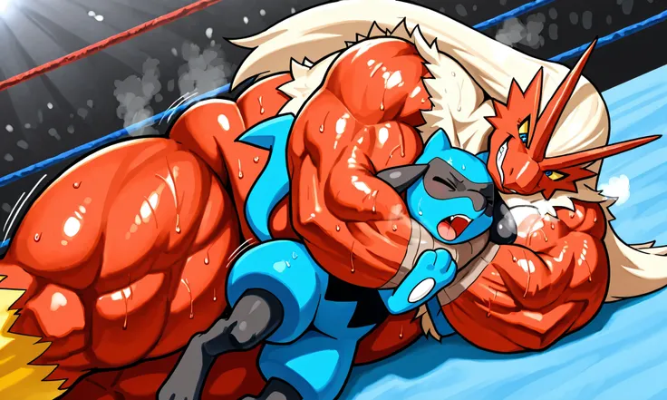 large blaziken wrestler, small feral riolu, choke hold \(rnc\), wrestling, [blaziken:heavy weight bulky fat plump, muscular strong giant body, big muscles, thick arms, thick thighs, wearing black glossy wrestling spandex, looking down, evil grin, sweaty, s...