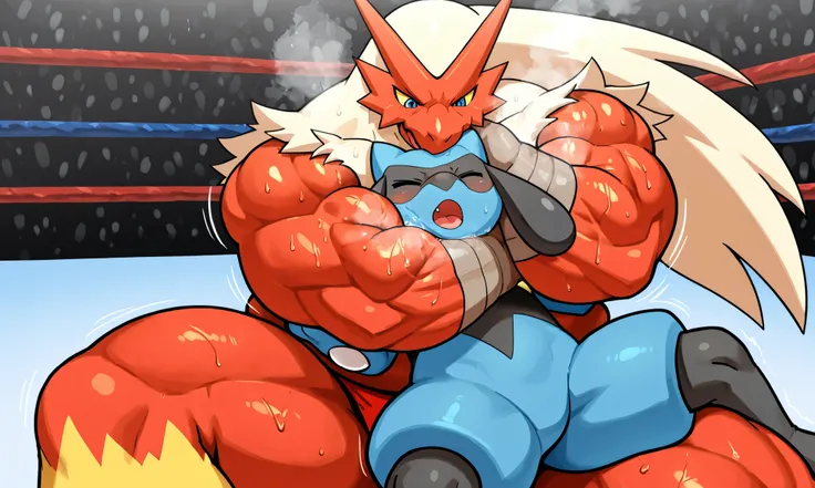 large blaziken wrestler, small feral riolu, choke hold \(rnc\), wrestling, [blaziken:heavy weight bulky fat plump, muscular strong giant body, big muscles, thick arms, thick thighs, wearing black glossy wrestling spandex, looking down, sweaty, smelly steam...