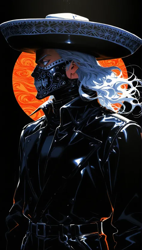(drawing in white on black),black background,white spots,Abstract,drawing with tempera, Artistic,watercolors,stained,shaded on the background,dramatic lighting,hunter,in black,cara tapada,profile,Portrait, black leather coat, Long black coat, black leather...