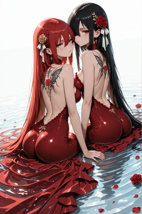(masterpiece, best quality:1.3), amazing quality, very aesthetic, absurdres, highres, newest, HDR, 8K, full body, ultra-wide angle, dynamic angle, 2 girls, multiple girls, BREAK 1 woman , Shana Ryu, golden eyes , very long hair , long sidelocks, red hair ,...