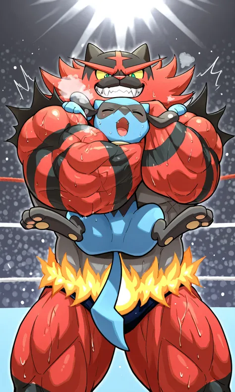 large incineroar wrestler, small feral riolu, choke hold \(rnc\), wrestling, [incineroar:heavy weight bulky fat plump, muscular strong giant body, big muscles, thick arms, thick thighs, wearing black glossy wrestling spandex, looking down, evil grin, sweat...