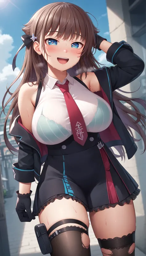 great quality,is so beautiful,Absard dress,top quality,newest,masterpiece,4k,resolution,anime screen capture,1 girl,brown hair,long hair,blue eyes,cute anime eyes,super huge breasts that have just been torn apart,very much sweat (Amount of sweat:2.0),blush...