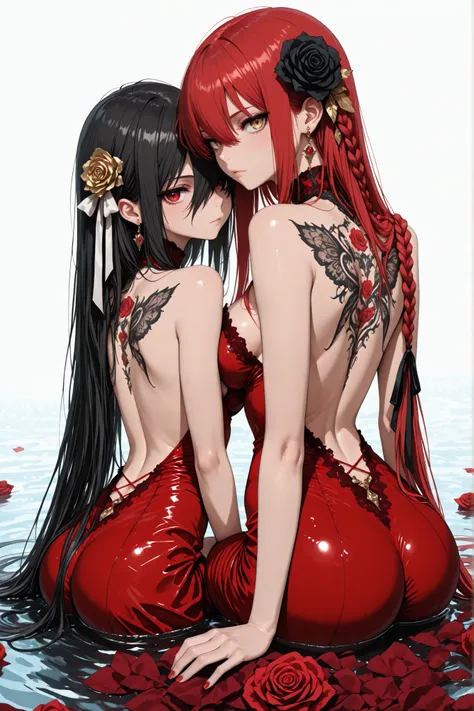 (masterpiece, best quality:1.3), amazing quality, very aesthetic, absurdres, highres, newest, HDR, 8K, full body, ultra-wide angle, dynamic angle, 2 girls, multiple girls, BREAK 1 woman , Shana Ryu, golden eyes , very long hair , long sidelocks, red hair ,...