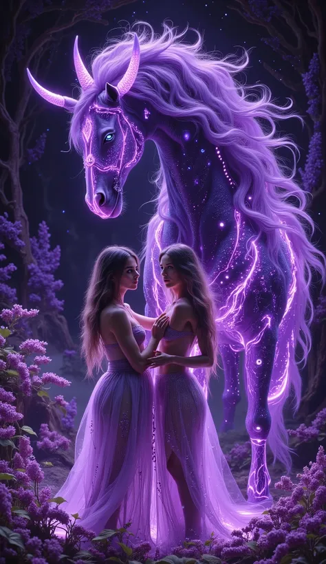 Create a highly detailed, hyperrealistic double exposure painting of a majestic, neon-glowing celestial horse with a royal purple mane, looking directly at the camera. The horse's coat is adorned with intricate Swarovski crystals and emitting diodes, creat...
