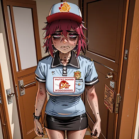 score_9, score_8_up, score_7_up, 1 girl ((Extreme above shot of short delivery girl looking up)) ((sweating, tired face))((slim female)) ((emo girl)) ((door dash)) short petite girl, straight hair, wearing delivery uniform, delivering food at front step. ...