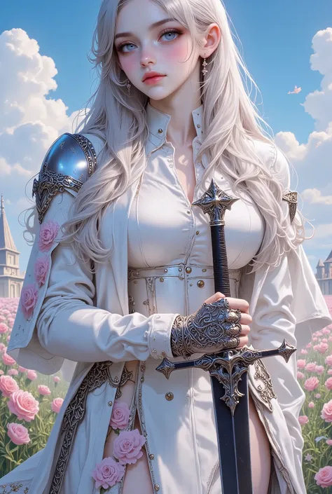Elegant female knight in a fantasy setting, wearing a white gown and cape adorned with soft floral patterns, holding a large black sword, silver medieval armor details on arms and legs, serene and noble expression, long pale blonde hair, standing in a drea...